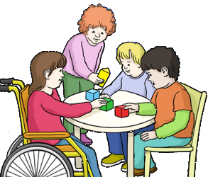 Eine Zeichnung mit drei Kindern und einer Hortbetreuerin. Die Kinder sitzen am Tisch und spielen. Eine Zeichnung mit drei Kindern und einer Hortbetreuerin. Die Kinder sitzen am Tisch und spielen.